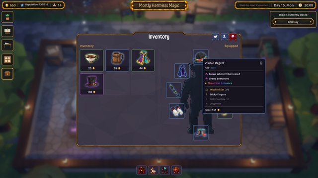 The Inventory with a hat's card open, showing its two enchantments and the synergy they form.