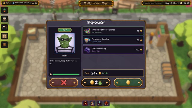Shop Counter dialog where a Circus Manager offers gold for three artifacts, with refuse, haggle, and sell buttons.